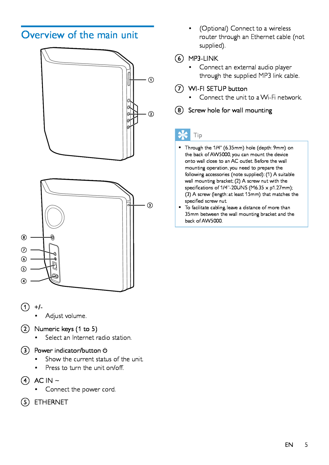 Philips AW5000 user manual Overview of the main unit 