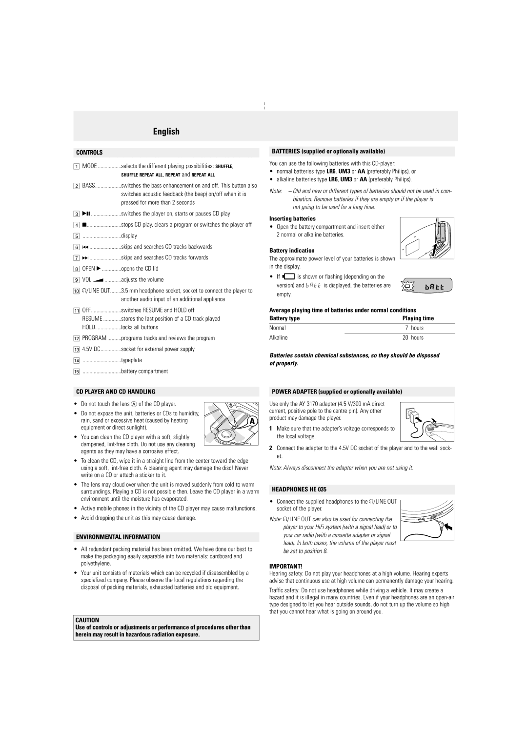 Philips AX 1100/00 manual Controls, CD Player and CD Handling, Environmental Information, Headphones HE 