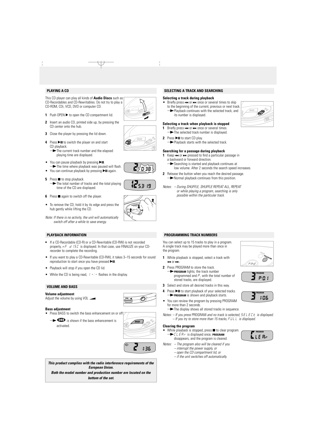 Philips AX 1100/00 manual Playing a CD, Selecting a Track and Searching, Playback Information, Programming Track Numbers 