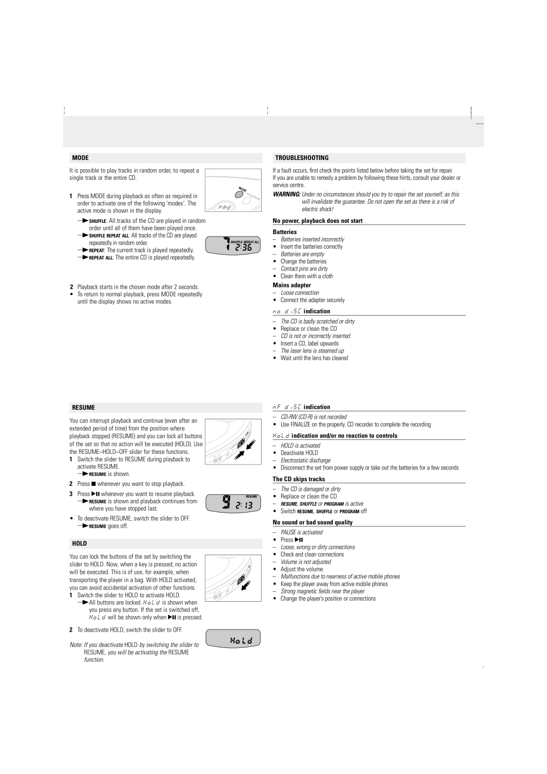 Philips AX 1100/00 manual Mode, Troubleshooting, Resume, Hold 