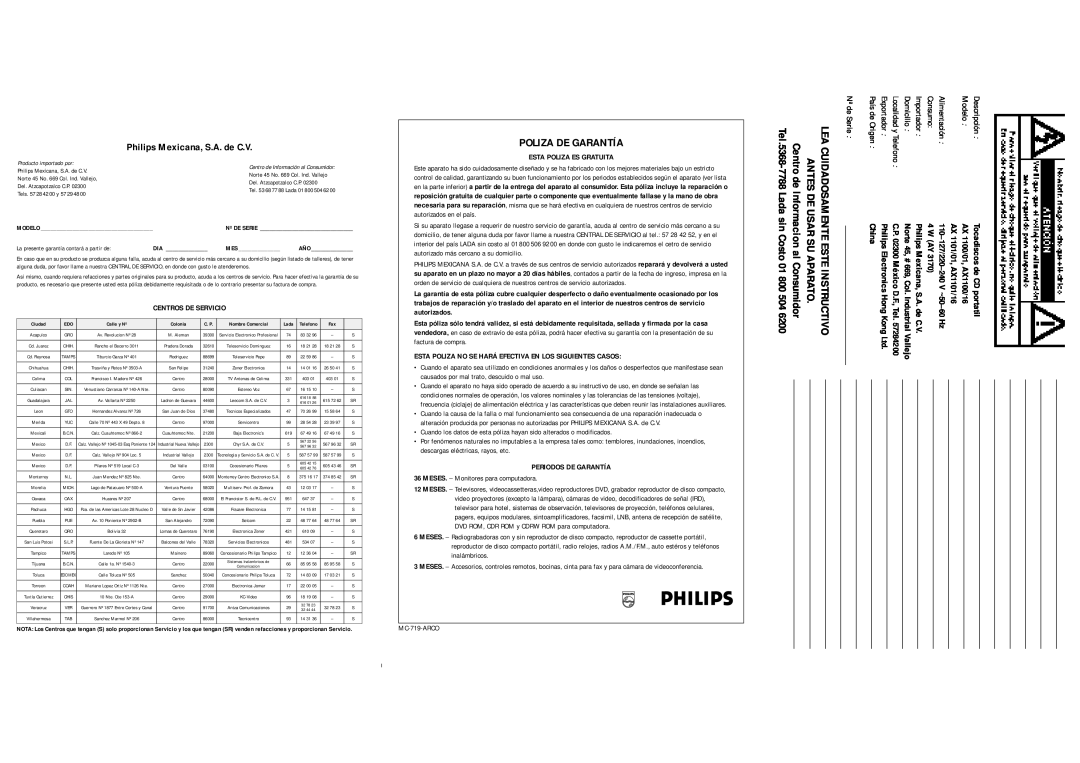 Philips AX 1101/10 manual Philips Mexicana, S.A. de C.V, Poliza De Garantía, Esta Poliza Es Gratuita, Centros De Servicio 