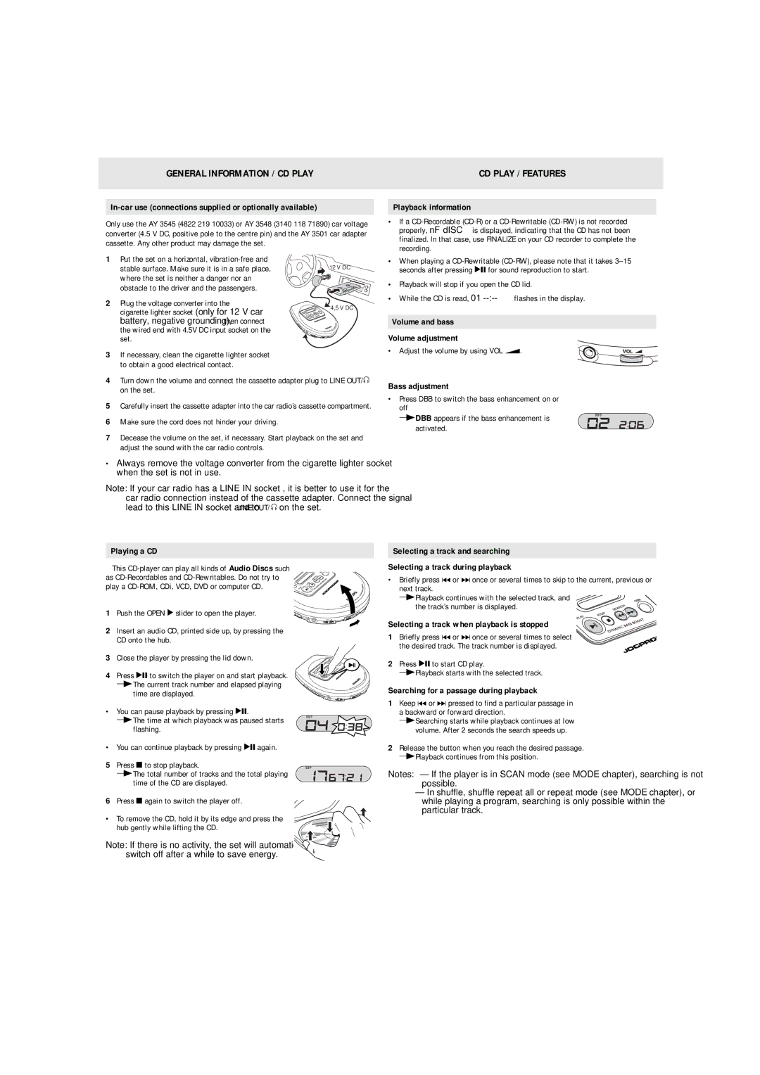 Philips AX 2301, AX 2300, AX2300/00Z quick start General Information / CD Play CD Play / Features 