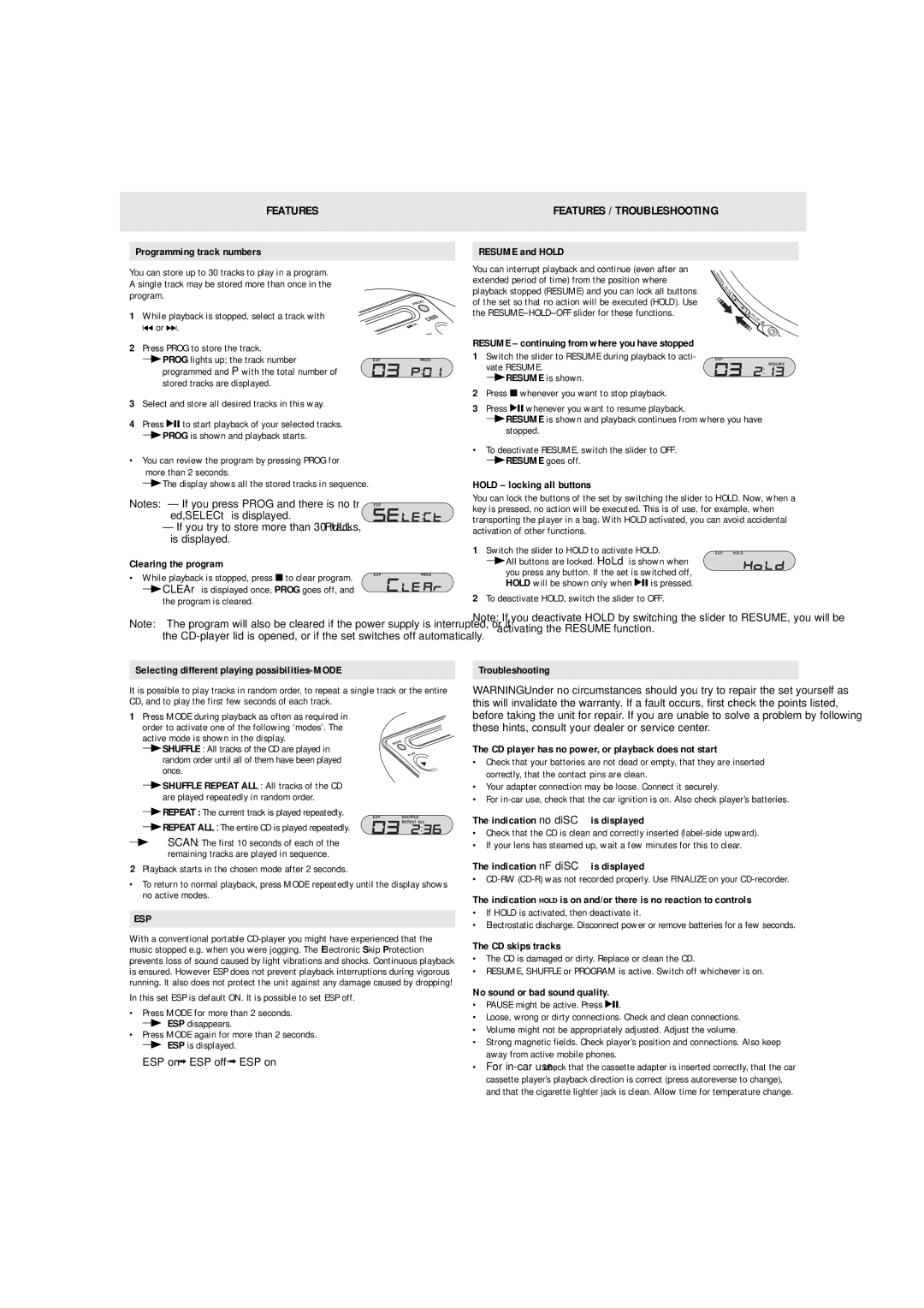 Philips AX 2300, AX 2301, AX2300/00Z quick start Features Features / Troubleshooting 