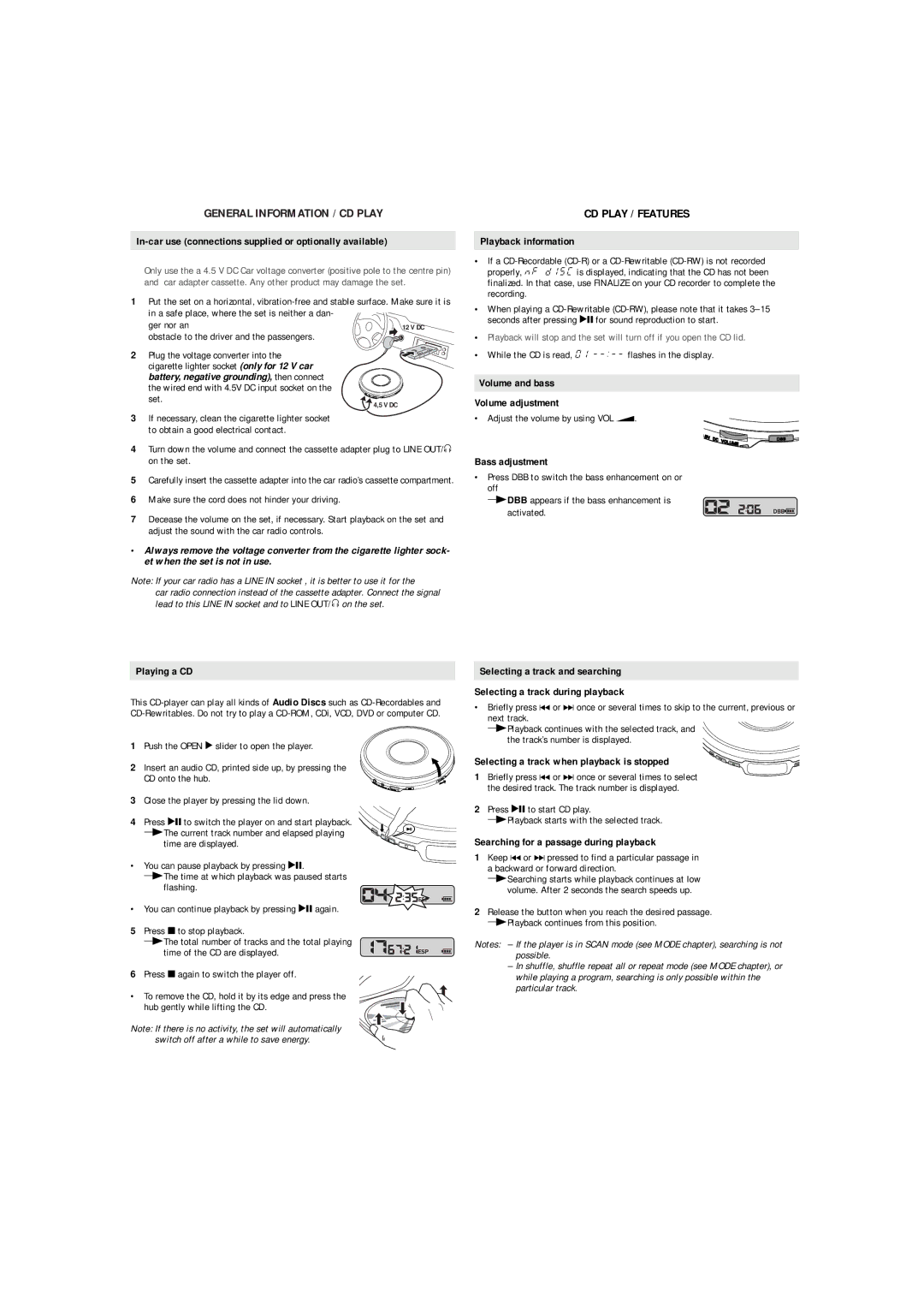 Philips AX 2330/00 user manual In-car use connections supplied or optionally available, Playing a CD, Playback information 