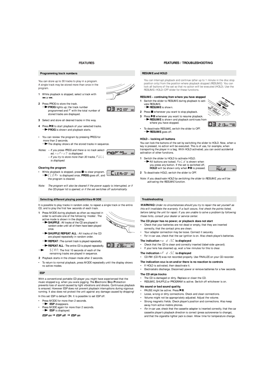 Philips AX 2330 Programming track numbers Resume and Hold, Clearing the program, Hold locking all buttons, CD skips tracks 