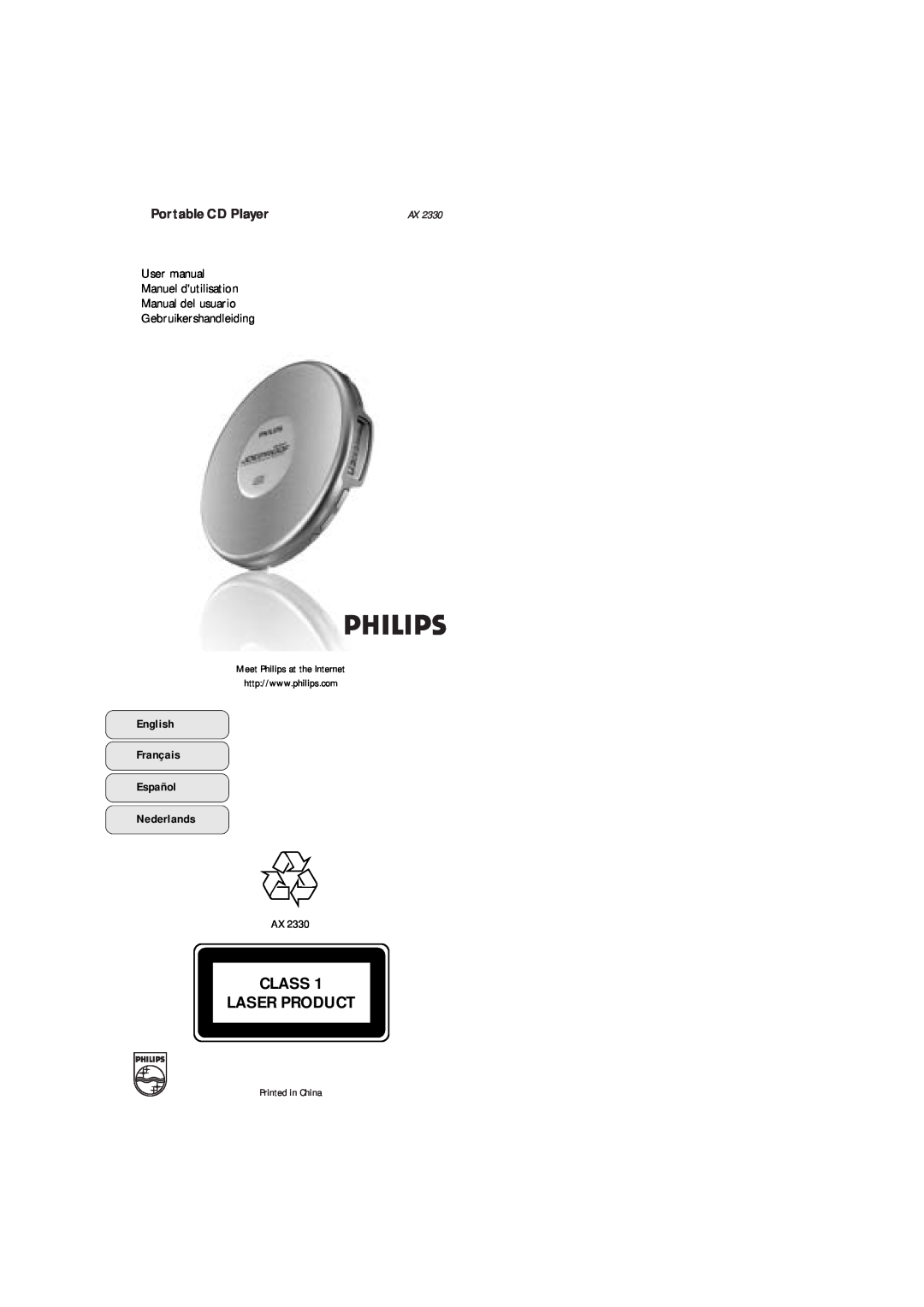 Philips AX 2330 user manual English Français Español Nederlands, Printed in China, Class Laser Product, Portable CD Player 