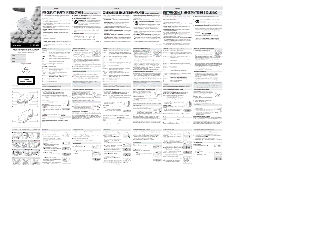 Philips AX1001 important safety instructions CD Player and CD Handling, Environmental Information, Headphones HE, Atención 