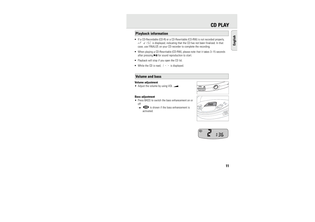 Philips AX1000/11AX1000/11 manual Playback information, Volume and bass, Volume adjustment, Bass adjustment 