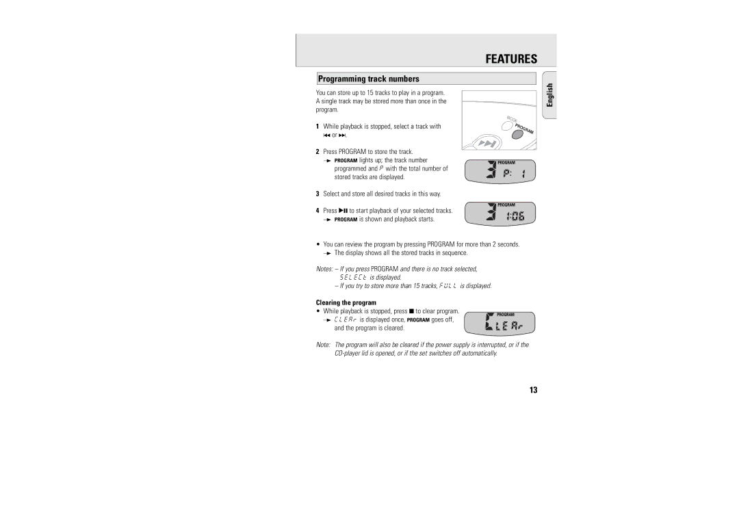 Philips AX1000/11AX1000/11 manual Programming track numbers, You can store up to 15 tracks to play in a program 