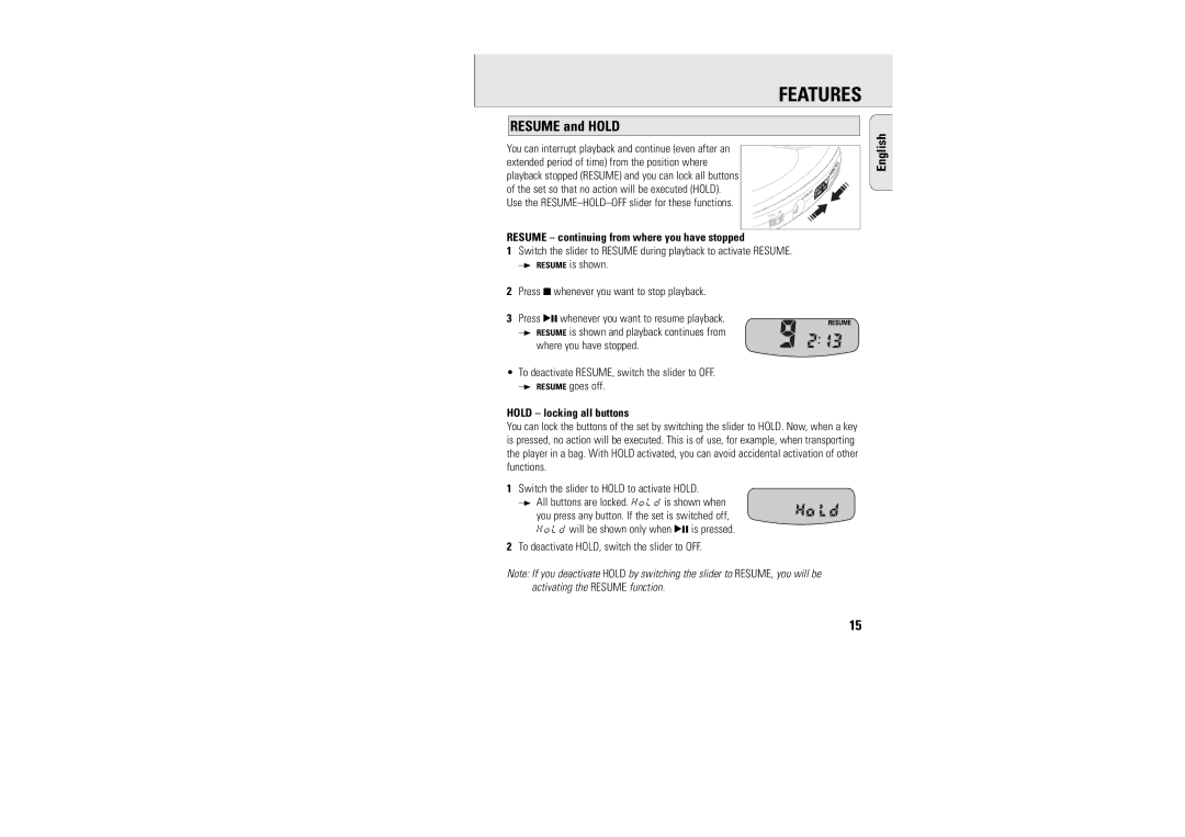 Philips AX1000/11AX1000/11 Resume and Hold, Use the RESUME-HOLD-OFF slider for these functions, Hold locking all buttons 