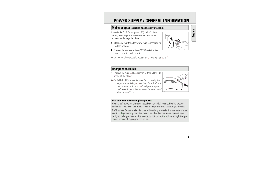 Philips AX1000/11AX1000/11 manual Headphones HE, Mains adapter supplied or optionally available 