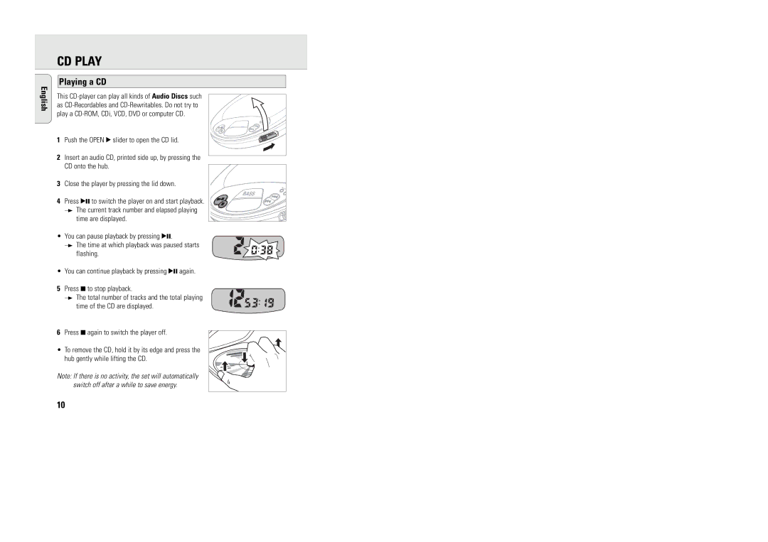 Philips AX1000/11AX1000/11 manual CD Play, Playing a CD 