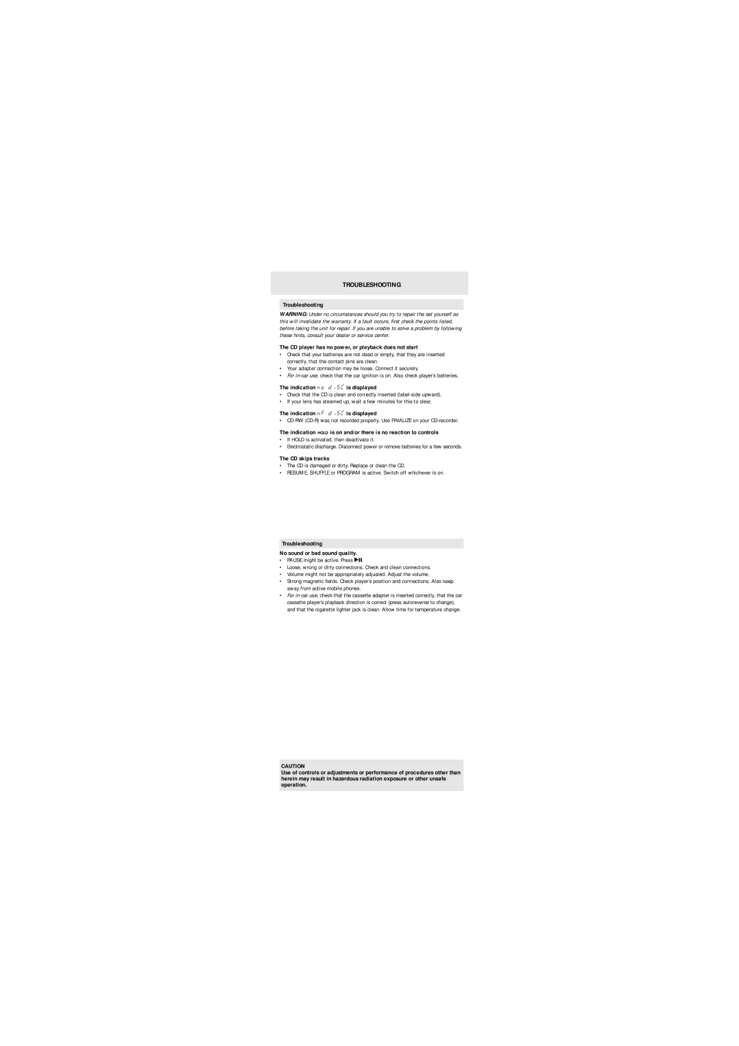 Philips AX2102/00 manual Troubleshooting, Indication no diSC is displayed, Indication nF diSC is displayed, CD skips tracks 