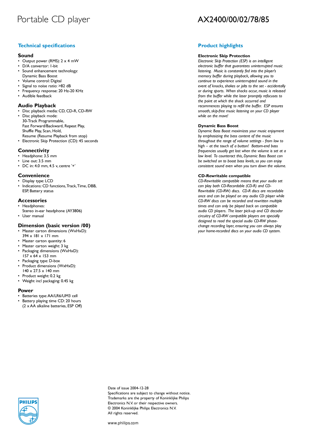 Philips AX2400/78, AX2400/00, AX2400/02, AX2400/85 manual Technical specifications, Product highlights 