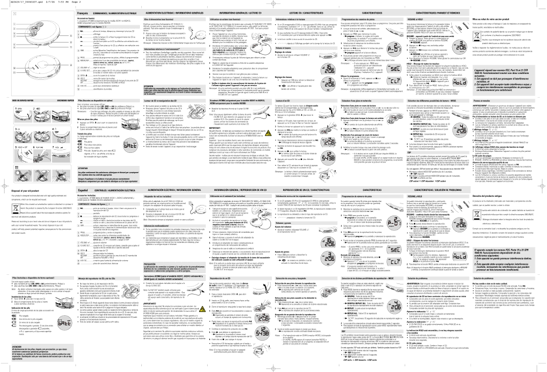 Philips AX2420 Commandes voir ﬁgures, Informations relatives à l’environnementºº, Volume et basses, Réglage du volume 