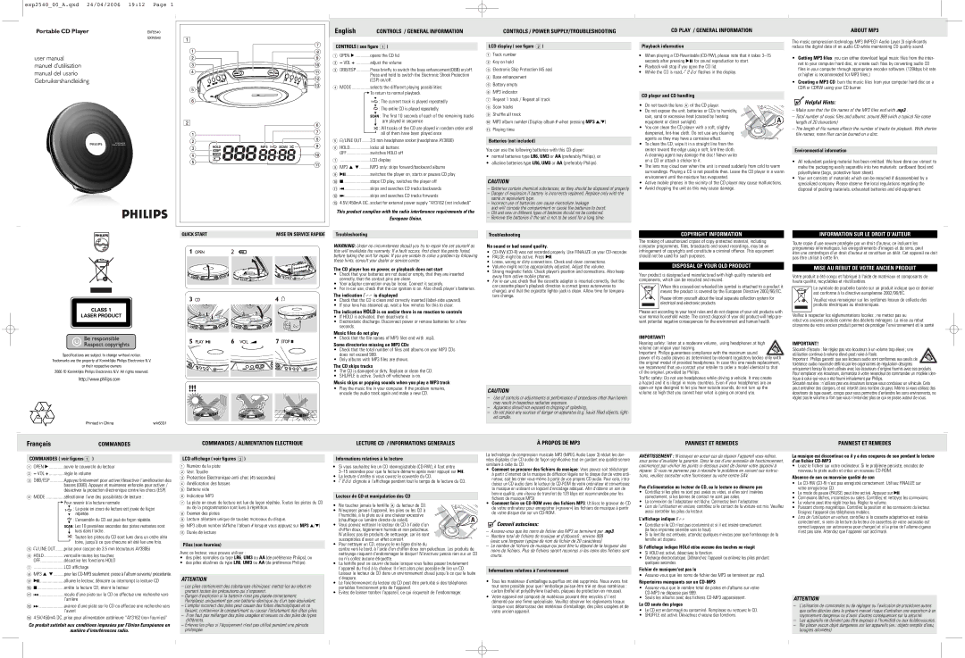 Philips AX2402 user manual Controls see figure, LCD display see figure, Batteries not included, Playback information 