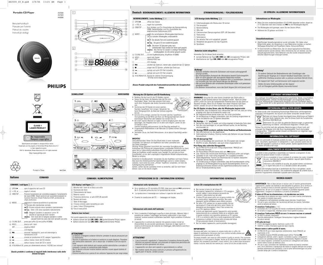 Philips AX2500 specifications Stromversorgung / Fehlerbehebung, CD Spielen / Allgemeine Informationen, Comandi 