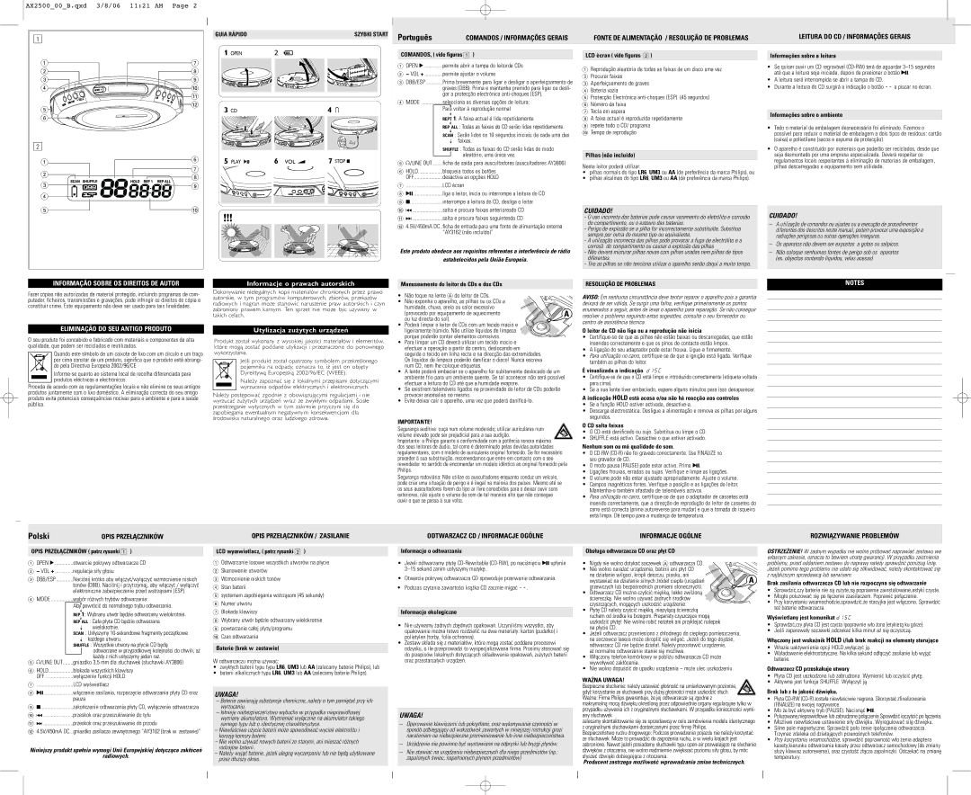 Philips AX2500 Leitura do CD / Informações Gerais, Opis PRZE£ÅCZNIKÓW / Zasilanie, Odtwarzacz CD / Informacje Ogólne 