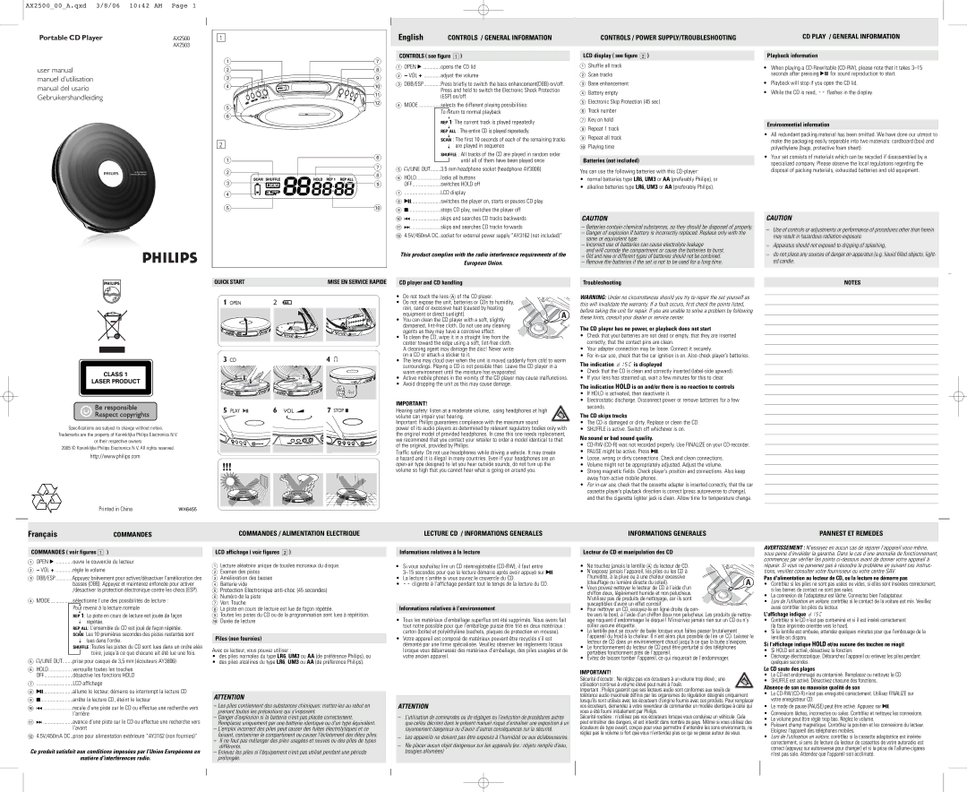 Philips AX2503/00, AX2500/00 user manual Commandes / Alimentation Electrique, Lecture CD / Informations Generales 