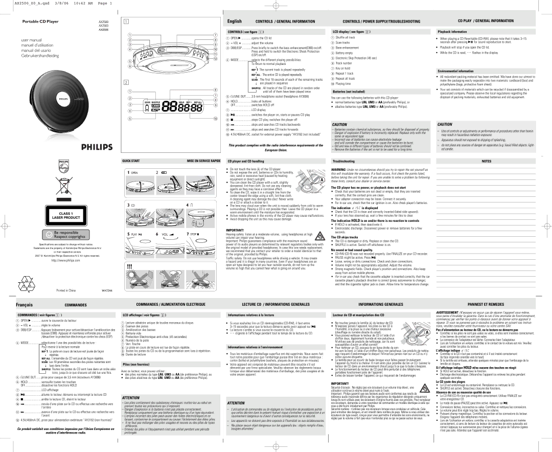 Philips AX2506/02 user manual Commandes / Alimentation Electrique, Lecture CD / Informations Generales 