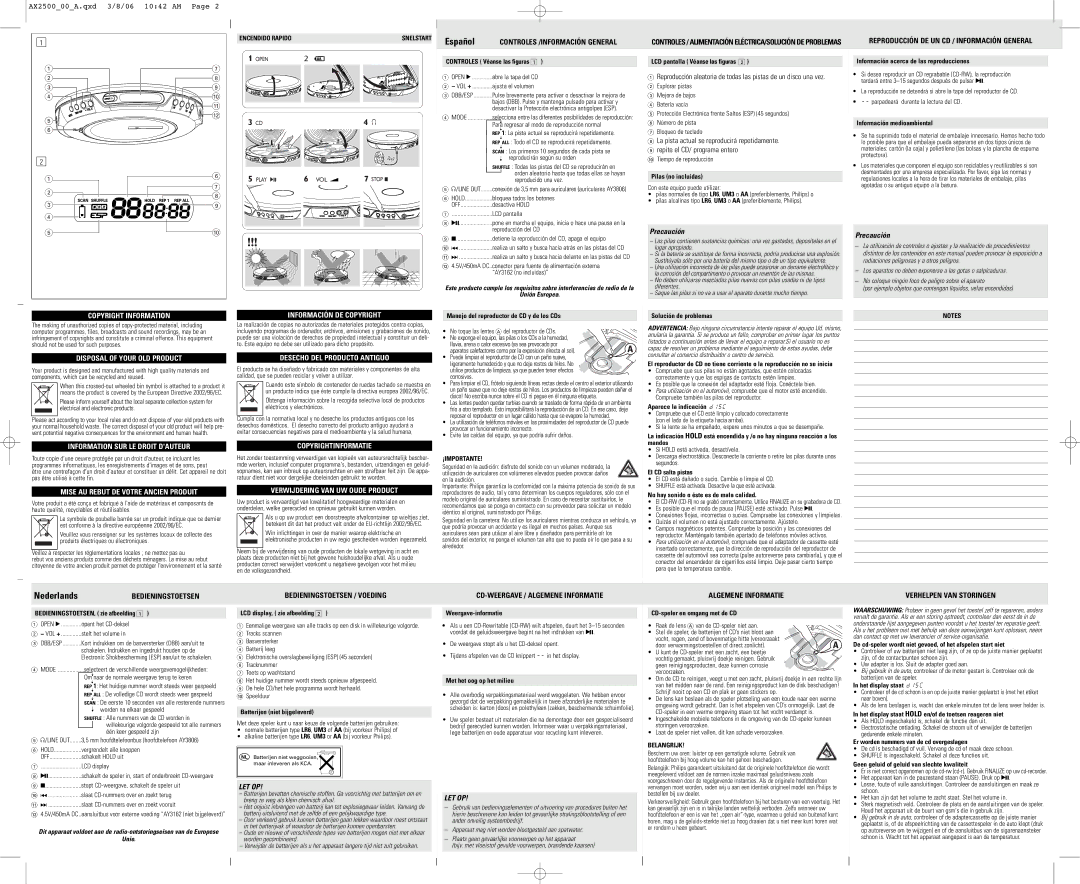 Philips AX2506/02 Controles /INFORMACIÓN General, Bedieningstoetsen / Voeding, CD-WEERGAVE / Algemene Informatie 