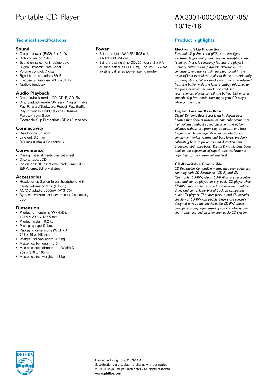 Philips AX3301/10, AX3301/16, AX3301/15, AX3301/05, AX3301/01, AX3301/00C manual Technical specifications, Product highlights 