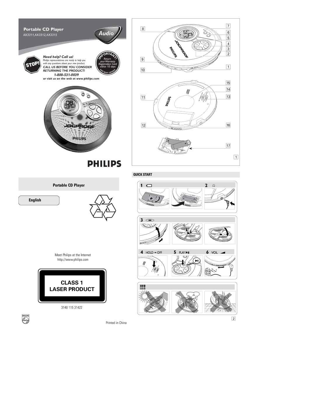 Philips AX3312, AX3315, AX3311 quick start Portable CD Player English, Need help? Call us, Hold OFF Play VOL 