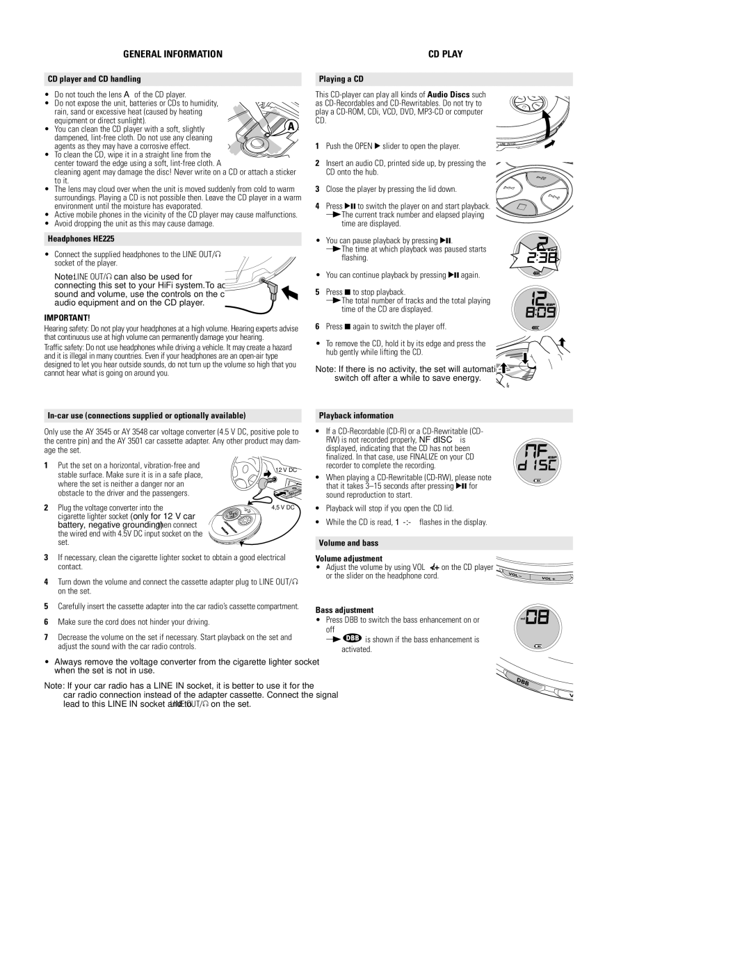 Philips AX3312, AX3315, AX3311 quick start General Information, CD Play, Battery, negative grounding, then connect 