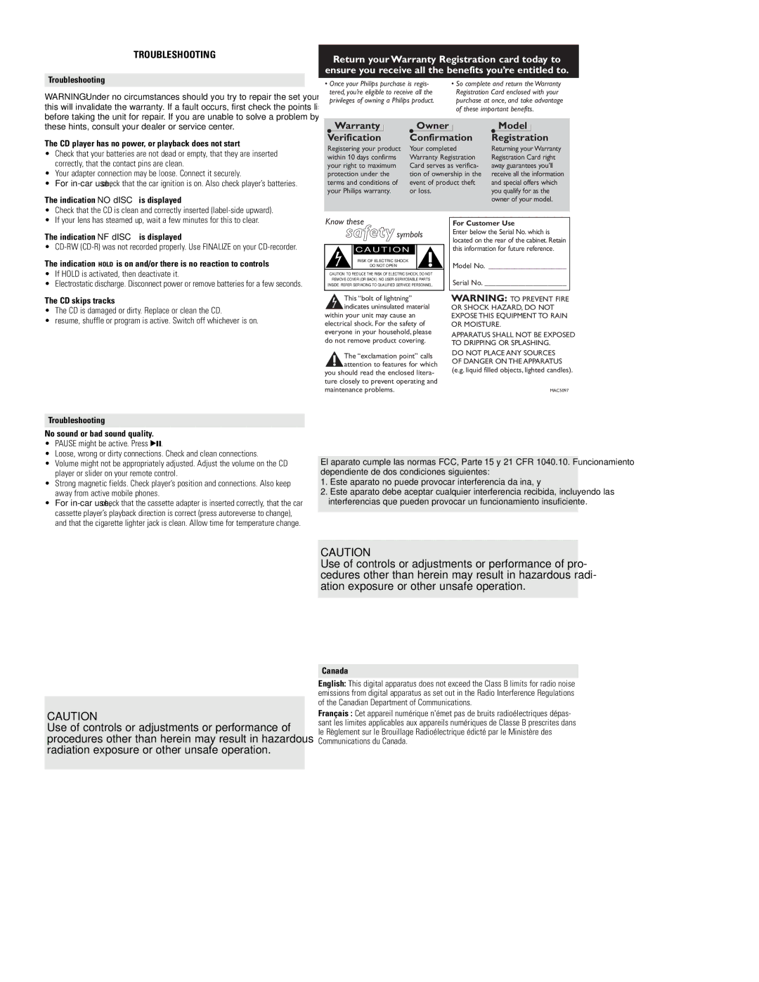 Philips AX3315, AX3312, AX3311 quick start Troubleshooting, Warranty Owner Model Verification Confirmation Registration 