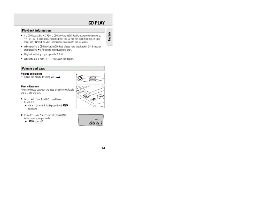 Philips AX5003 Playback information, Volume and bass, Volume adjustment, Adjust the volume by using VOL E, Bass adjustment 