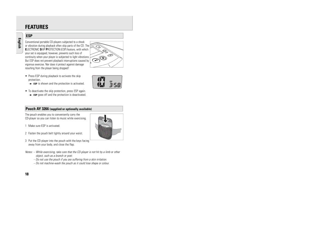 Philips AX5003 manual Esp, Pouch AY 3266 supplied or optionally available 