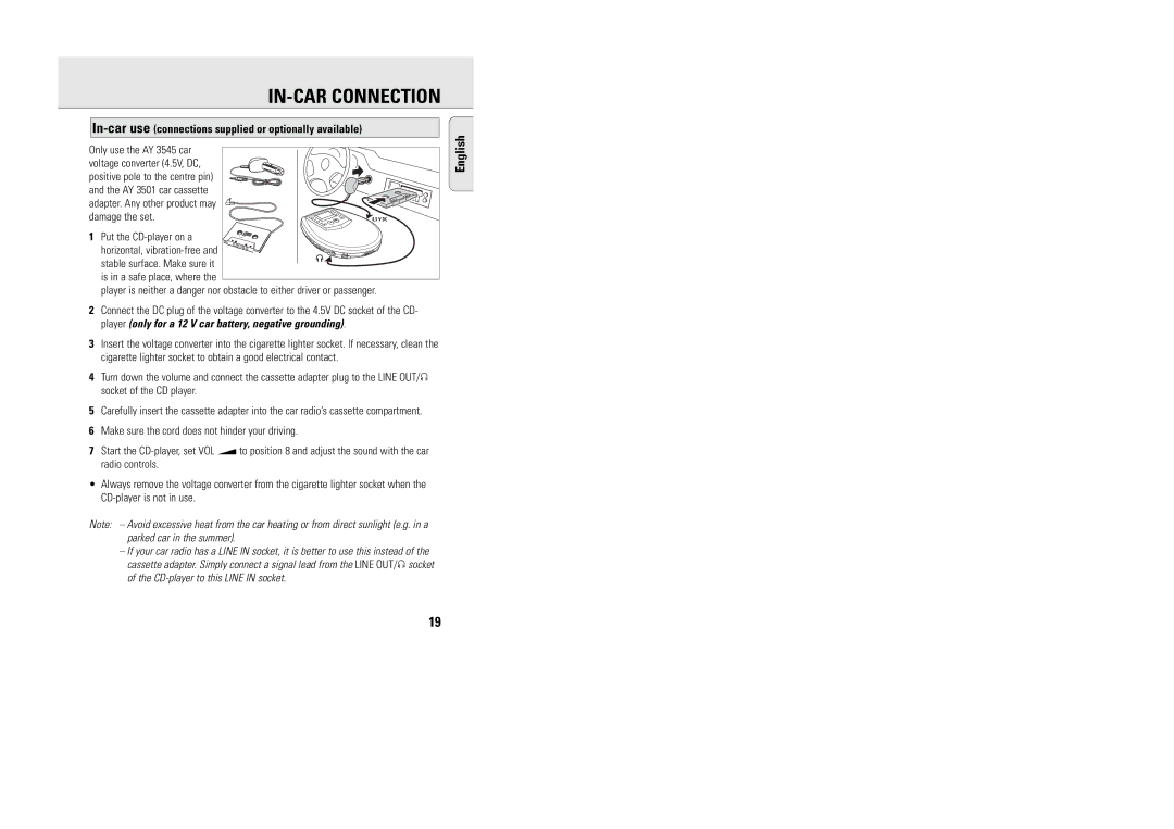 Philips AX5003 manual IN-CAR Connection, In-car use connections supplied or optionally available 