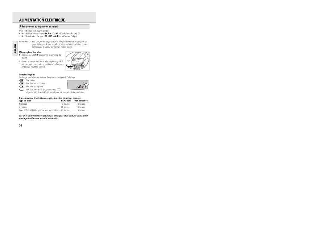 Philips AX5003 Alimentation Electrique, Piles fournies ou disponibles en option, Mise en place des piles, Témoin des piles 