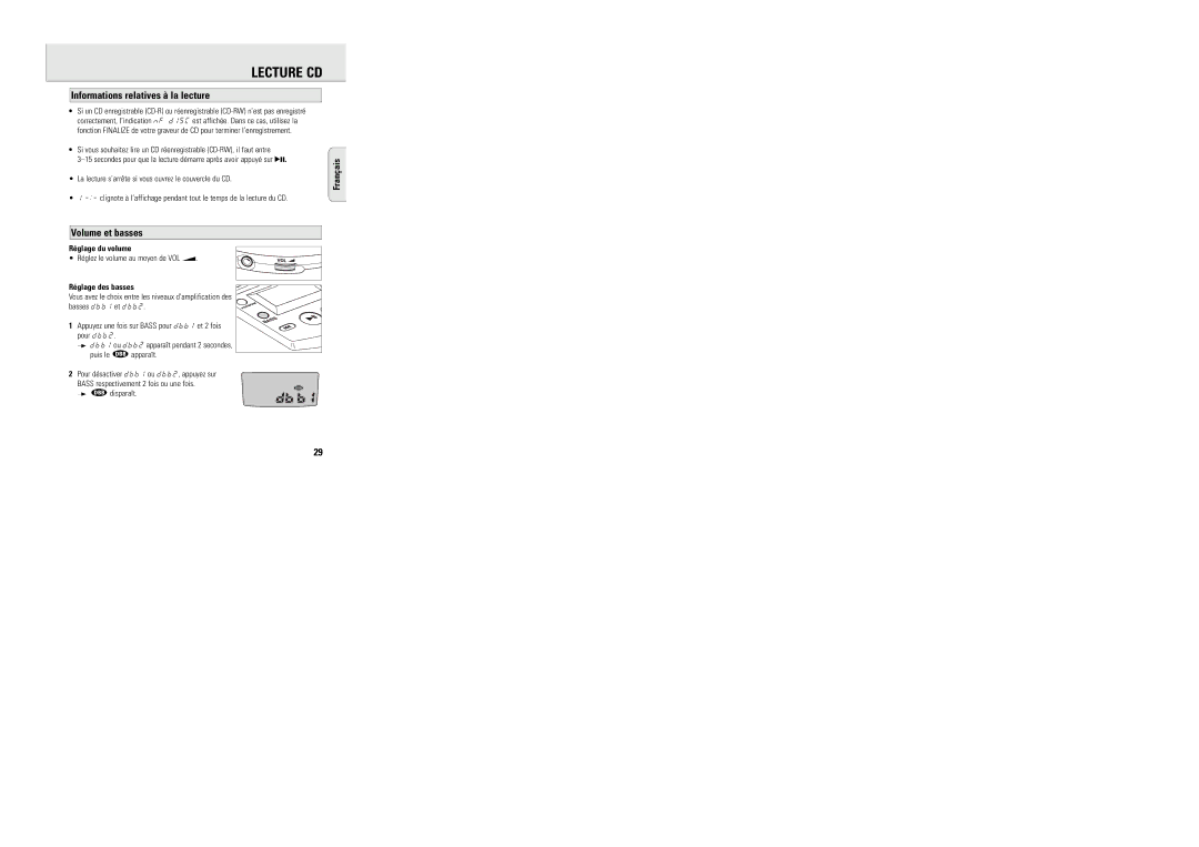 Philips AX5003 manual Informations relatives à la lecture, Volume et basses, Réglage du volume, Réglage des basses 
