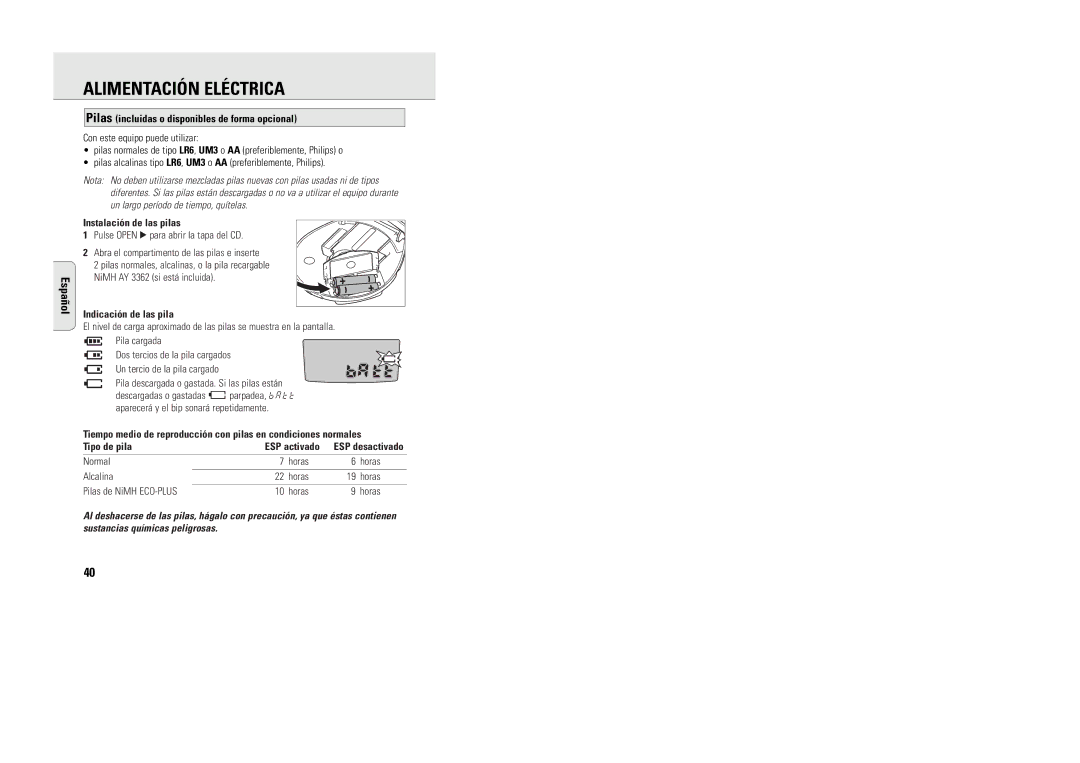 Philips AX5003 manual Alimentación Eléctrica, Pilas incluidas o disponibles de forma opcional, Instalación de las pilas 