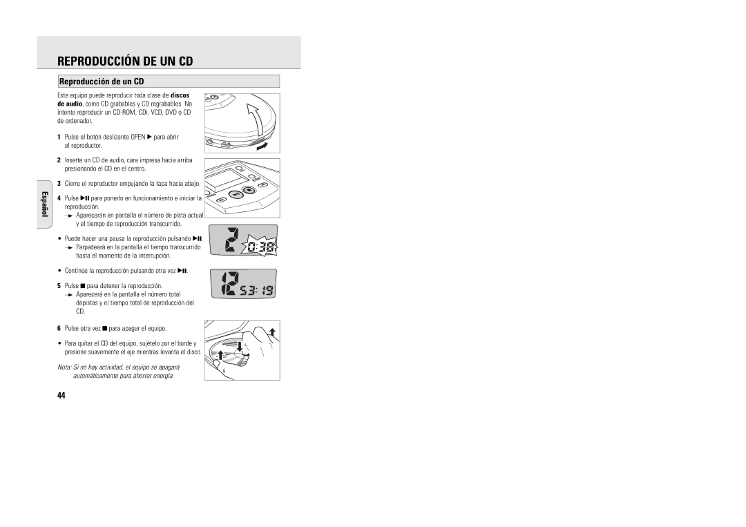 Philips AX5003 manual Reproducción DE UN CD, Reproducción de un CD 