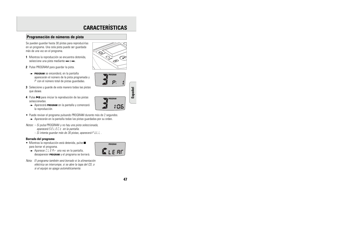 Philips AX5003 manual Características, Programación de números de pista, Pulse Program para guardar la pista 