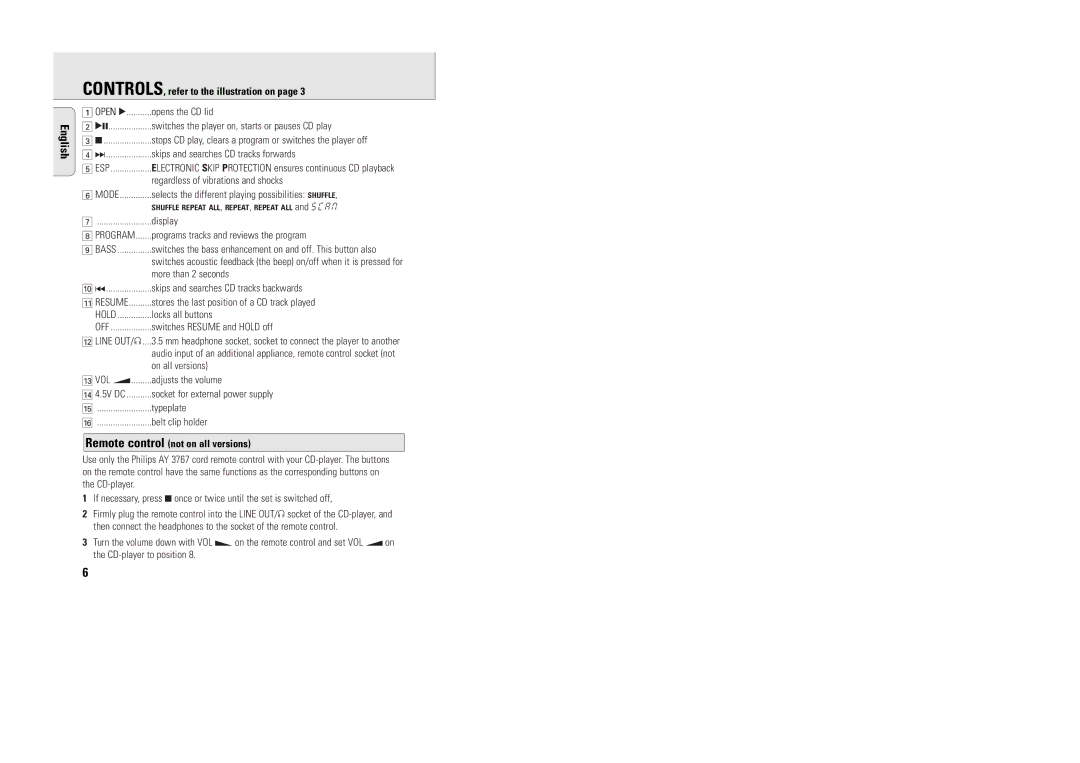 Philips AX5003 manual CONTROLS, refer to the illustration on, Remote control not on all versions 