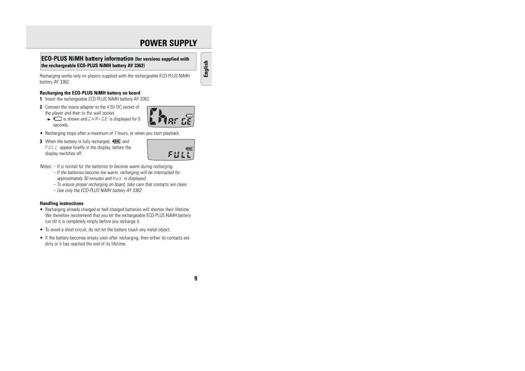 Philips AX5003 Rechargeable ECO-PLUS NiMH battery AY, Recharging the ECO-PLUS NiMH battery on board, Handling instructions 