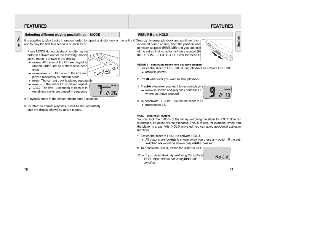 Philips AX5003/10 manual Selecting different playing possibilities Mode, Resume and Hold, Hold locking all buttons 