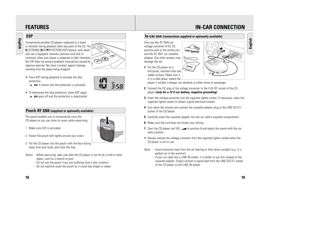 Philips AX5003/10 manual IN-CAR Connection, Pouch AY 3266 supplied or optionally available 