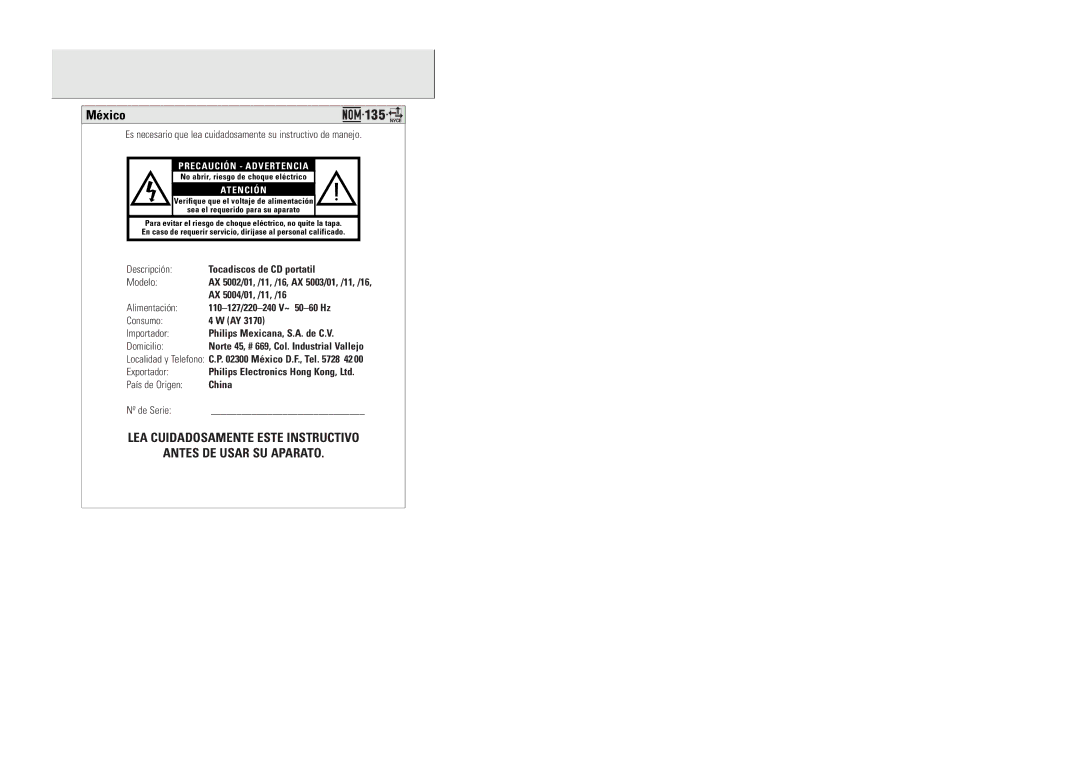 Philips AX5003/10 manual México 