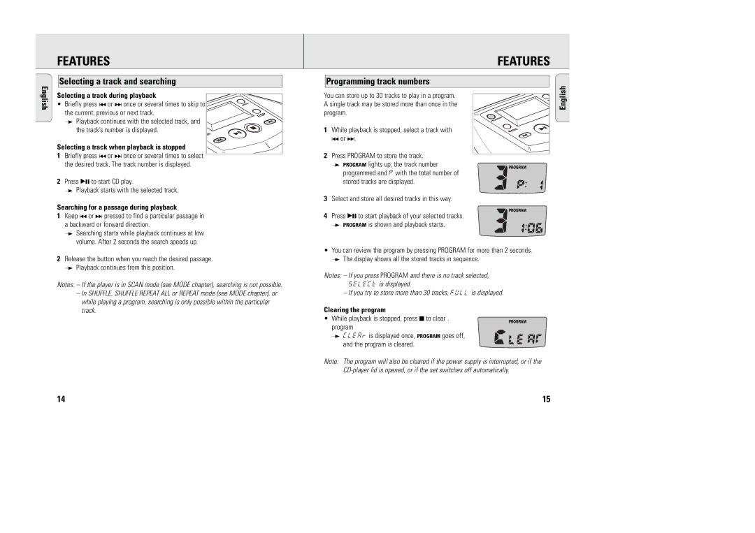 Philips AX5003/10 manual Features, Selecting a track and searching, Programming track numbers 