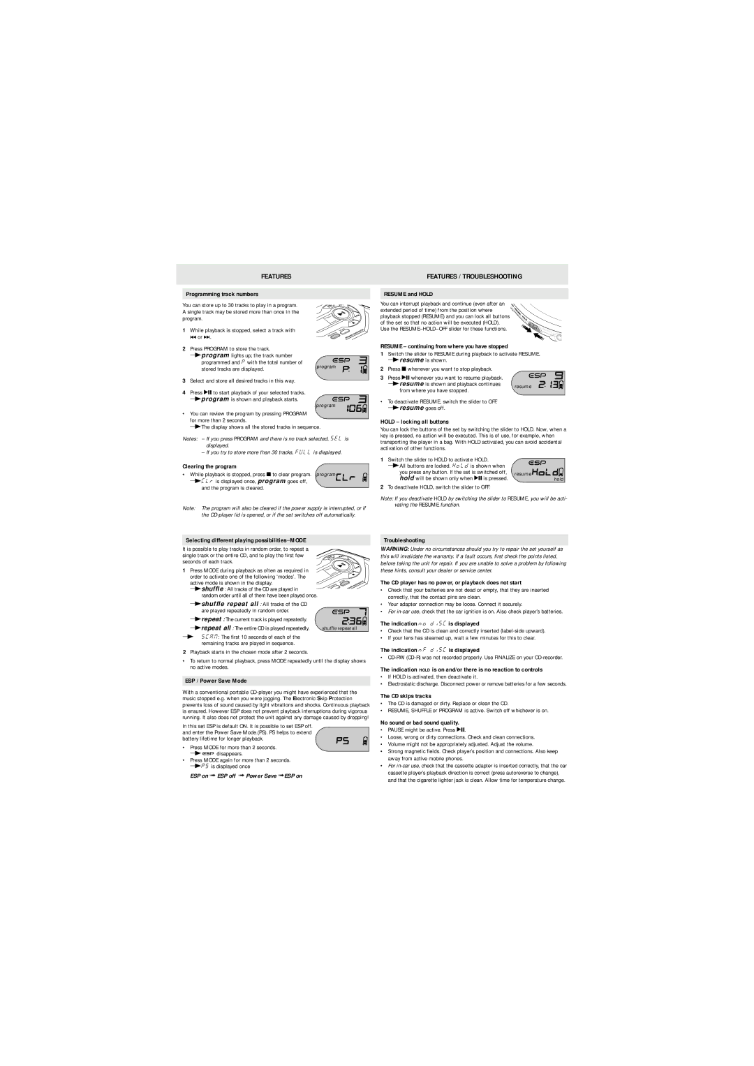 Philips AX5123, AX5111, AX5116, AX5114, AX5115, AX5124, AX5125, AX5122, AX5121, AX5112 warranty Features / Troubleshooting 