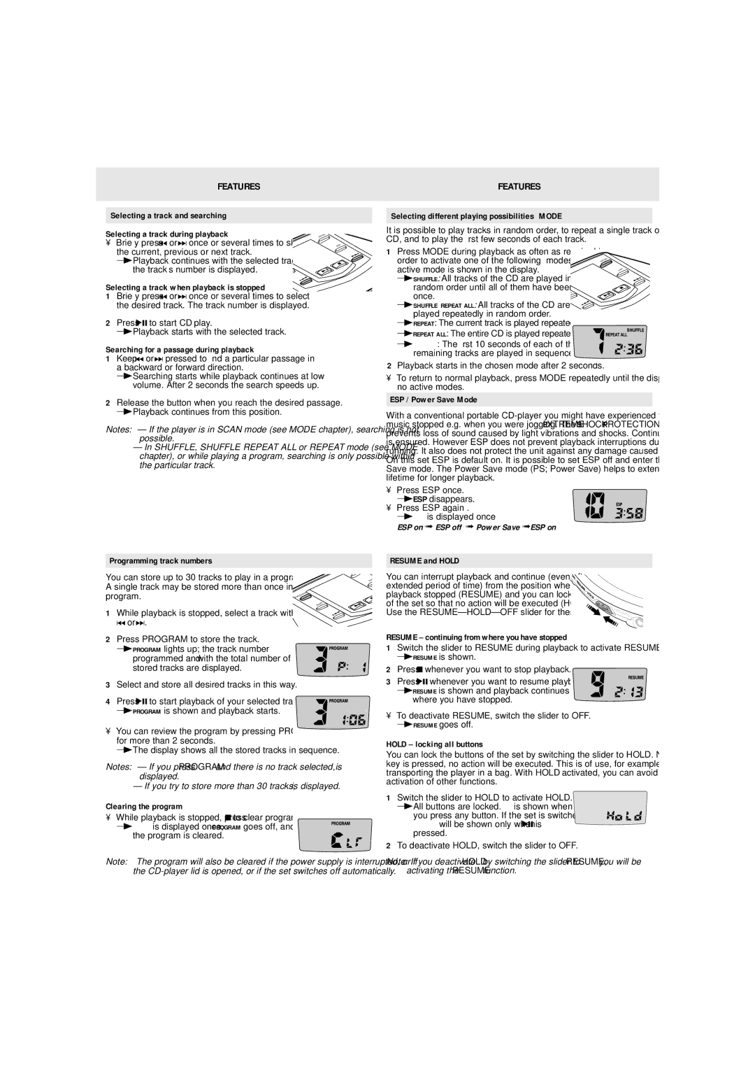 Philips AX7104/00C manual Features, ESP on ESP off Power Save ESP on 