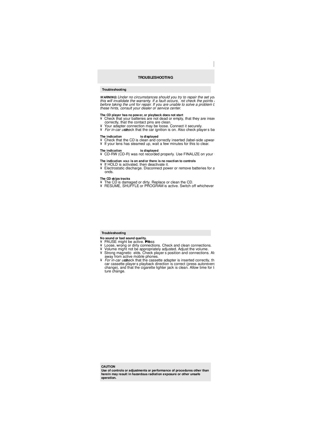 Philips AX7104/00C Troubleshooting, Indication no diSC is displayed, Indication nF diSC is displayed, CD skips tracks 