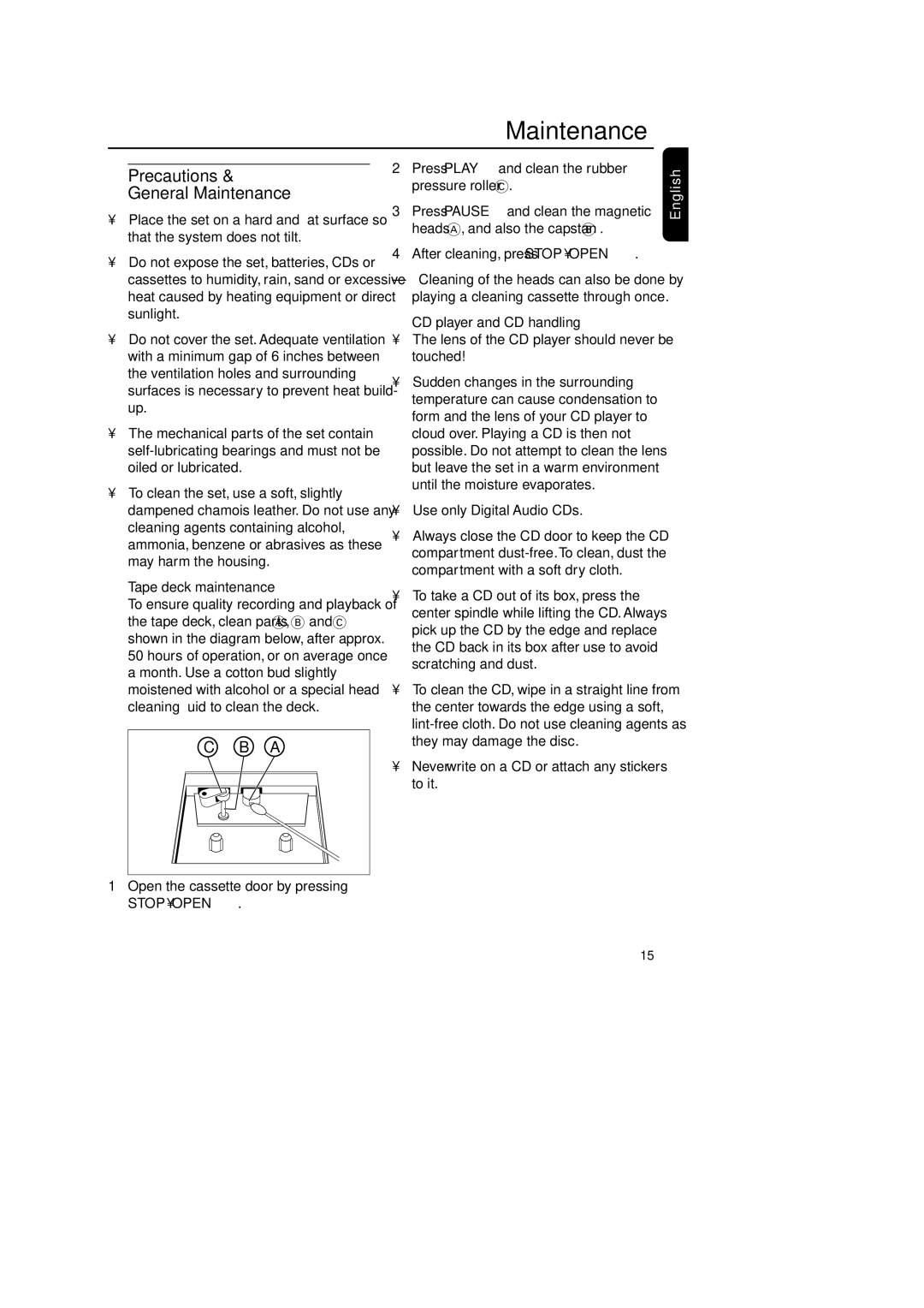 Philips AZ 1018 manual Precautions General Maintenance, Tape deck maintenance, CD player and CD handling 