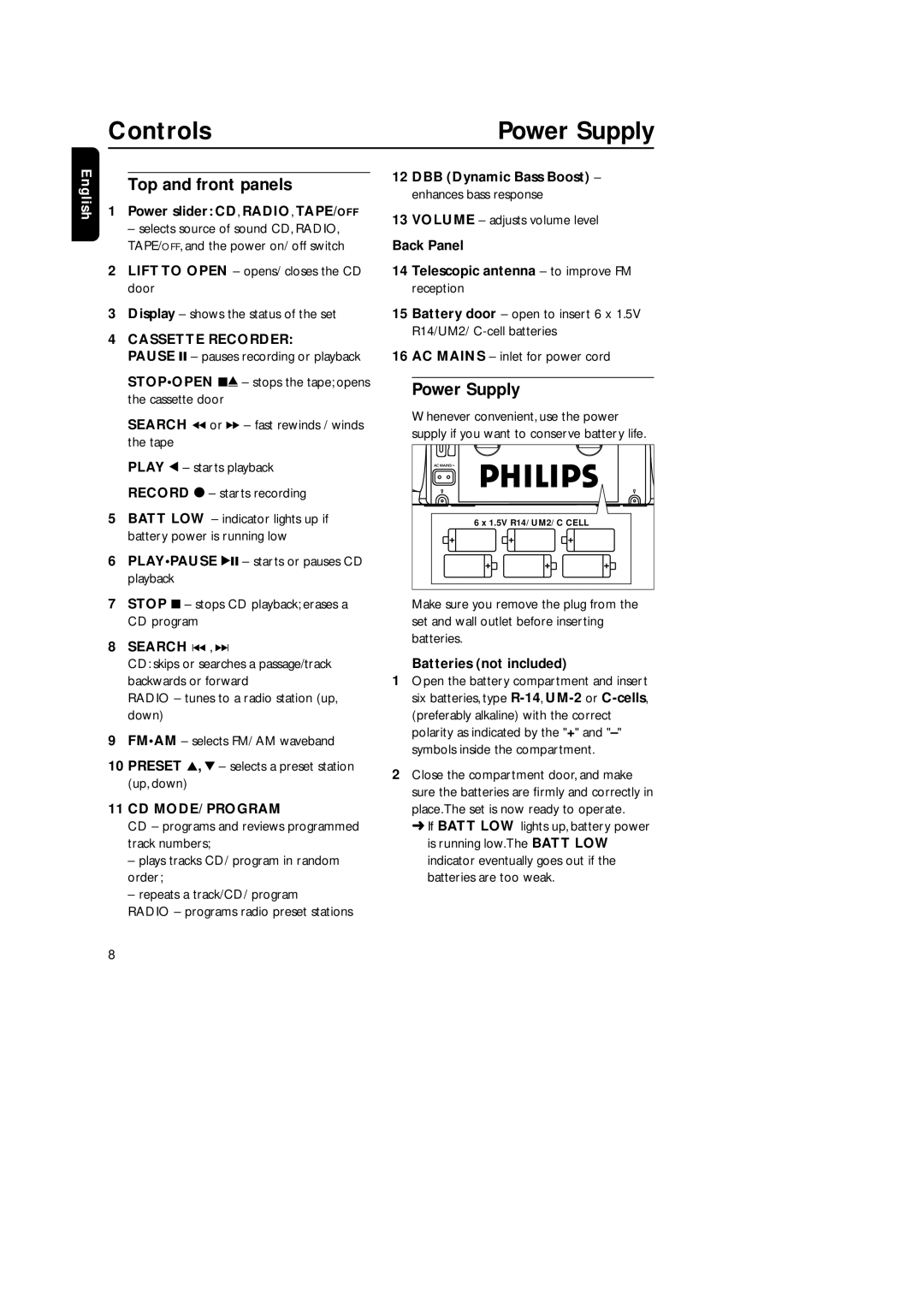 Philips AZ 1018 manual Controls, Top and front panels, Power Supply 