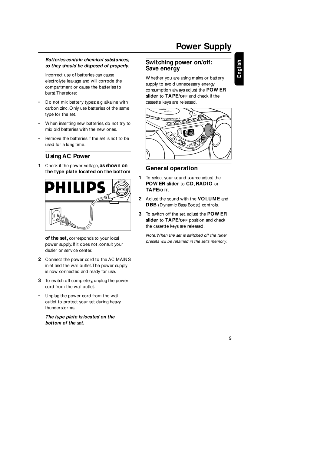 Philips AZ 1018 manual Power Supply, Using AC Power, Switching power on/off Save energy, General operation 