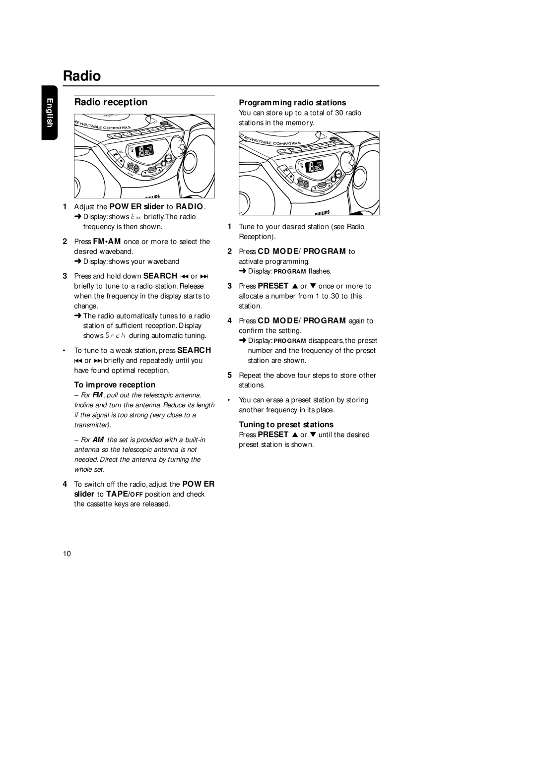 Philips AZ 1018 manual Radio reception 